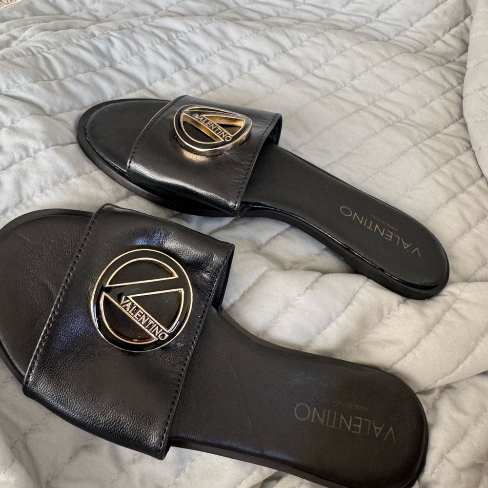 Valentino Black Slide Sandals with Gold Accent